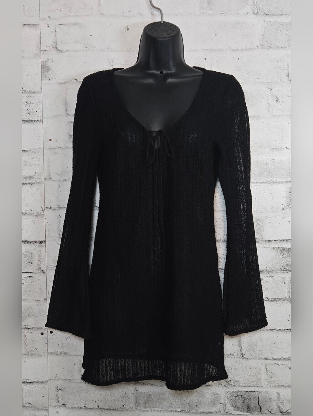 Simon's Black Sheer Knit Tunic Bell Sleeve Tie Front Cover Up PS